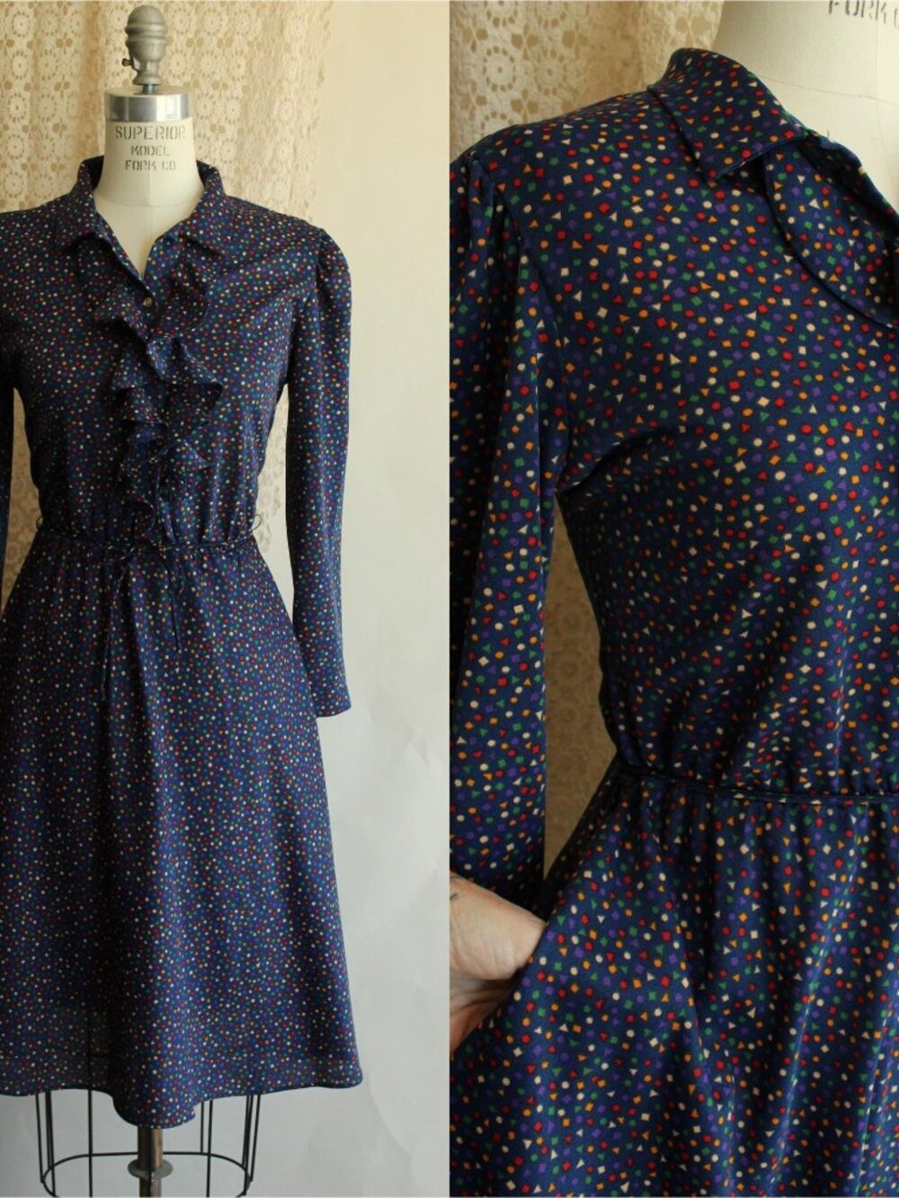 Vintage 1970s Dress with Pockets and Tie Belt, JC Penney Multicolor Polka Dots,